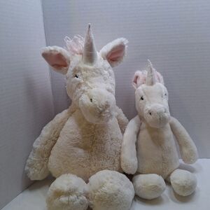 Jellycat Bashful Unicorn Plush White Pink Mane Tail 11" 8" Set Of 2 Sparkly Horn
